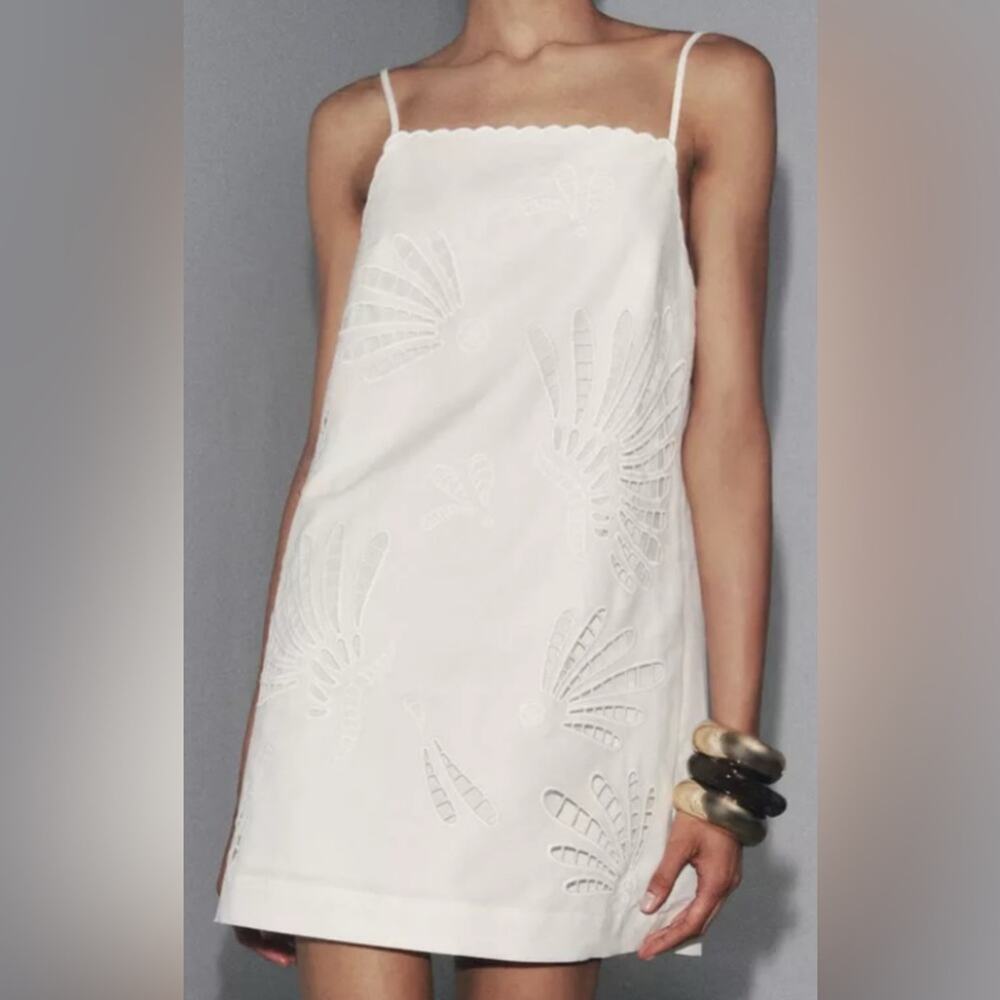 Nwt- Zara- ZW COLLECTION EMBROIDERED LINEN BLEND DRESS-M